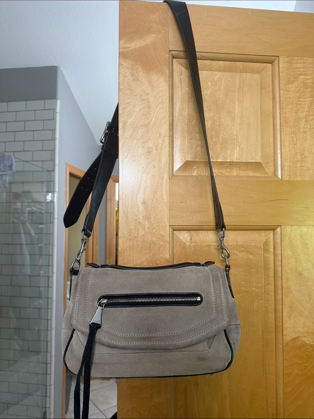 Aimee Kestenberg Taupe Suede Crossbody with Black Trim